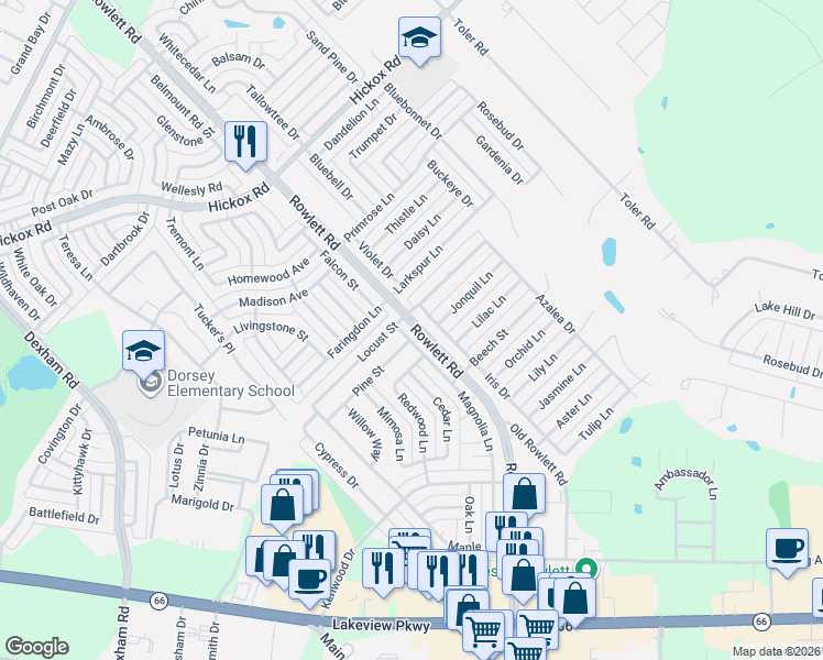 map of restaurants, bars, coffee shops, grocery stores, and more near 6405 Rowlett Road in Rowlett