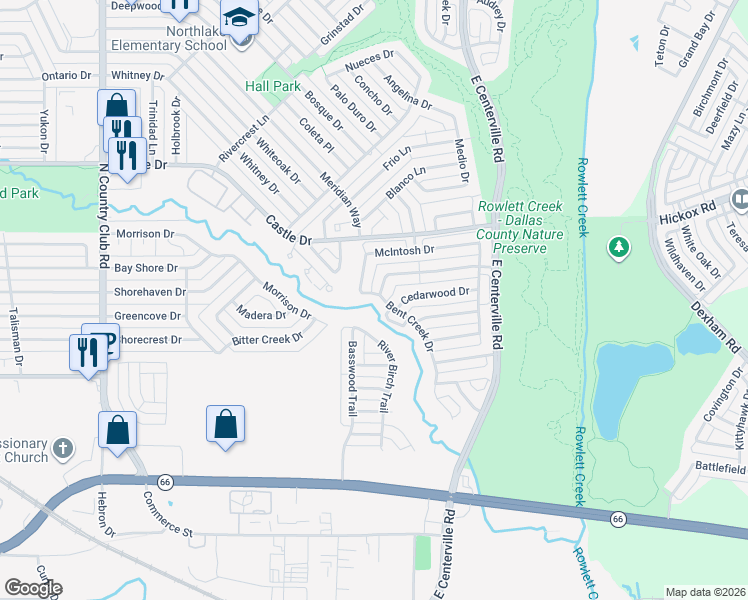 map of restaurants, bars, coffee shops, grocery stores, and more near 2106 Woodglen Drive in Garland