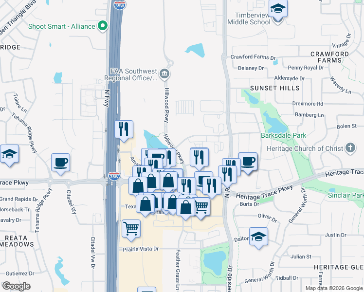map of restaurants, bars, coffee shops, grocery stores, and more near 3202 Amador Drive in Fort Worth