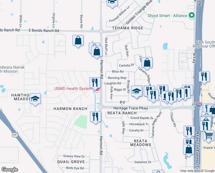 map of restaurants, bars, coffee shops, grocery stores, and more near 9728 Manassas Road in Fort Worth