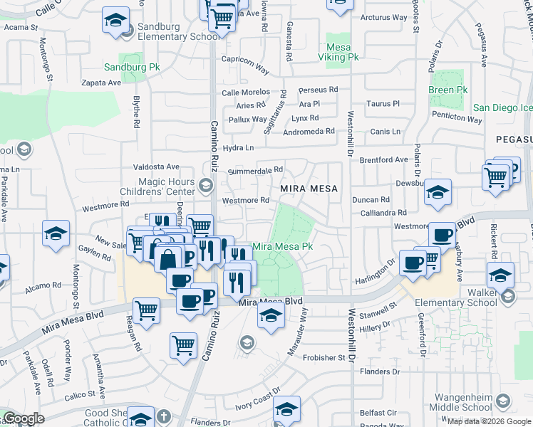 map of restaurants, bars, coffee shops, grocery stores, and more near 8461 Westmore Road in San Diego
