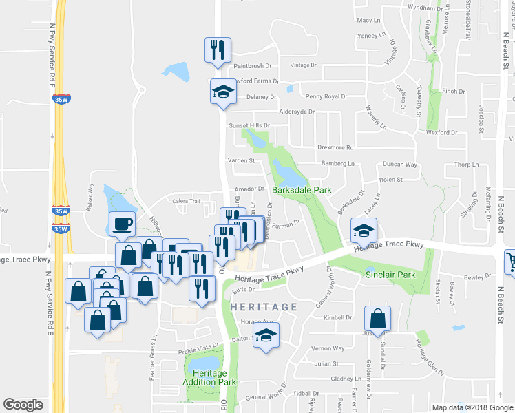 map of restaurants, bars, coffee shops, grocery stores, and more near 9736 Hathman Lane in Fort Worth