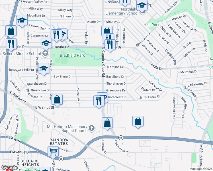 map of restaurants, bars, coffee shops, grocery stores, and more near 1402 Shorehaven Drive in Garland