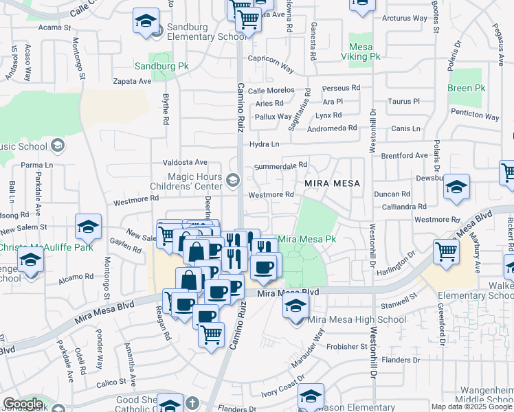 map of restaurants, bars, coffee shops, grocery stores, and more near 10855 Camino Ruiz in San Diego