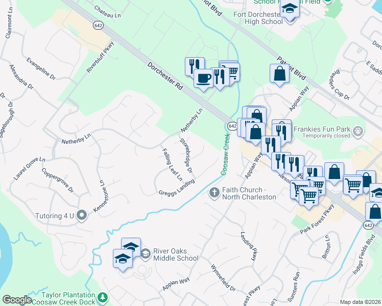 map of restaurants, bars, coffee shops, grocery stores, and more near 8509 Stonebridge Drive in Charleston
