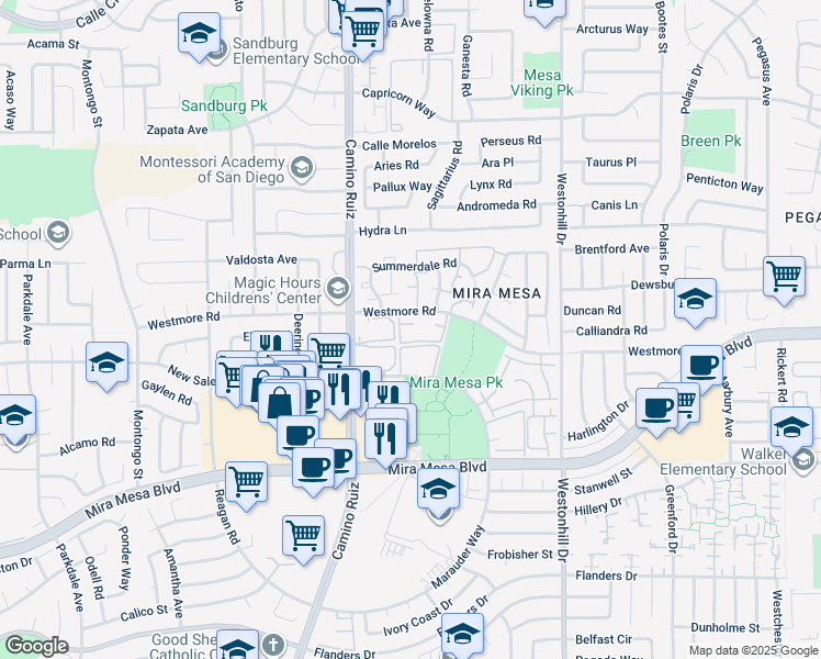 map of restaurants, bars, coffee shops, grocery stores, and more near 8431 Westmore Road in San Diego
