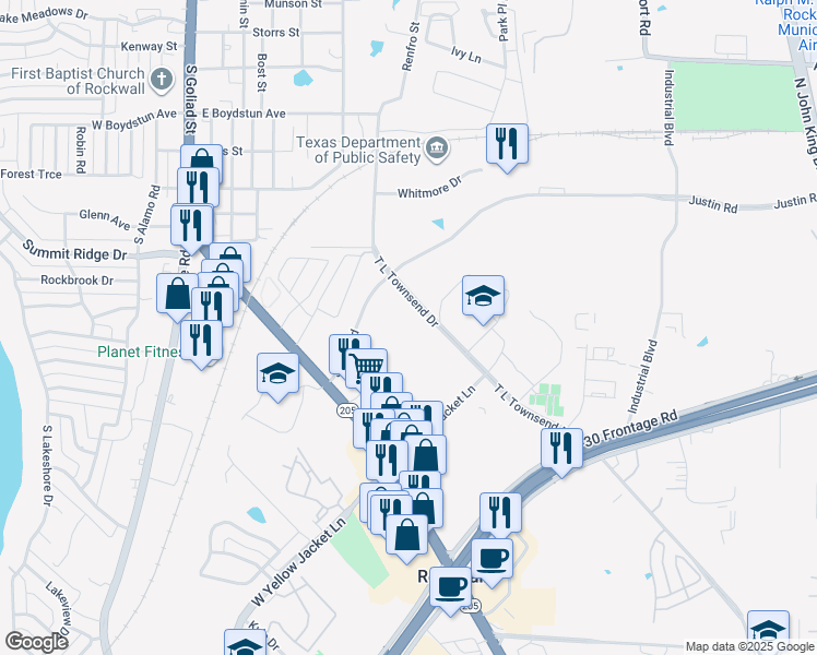 map of restaurants, bars, coffee shops, grocery stores, and more near T L Townsend Drive in Rockwall