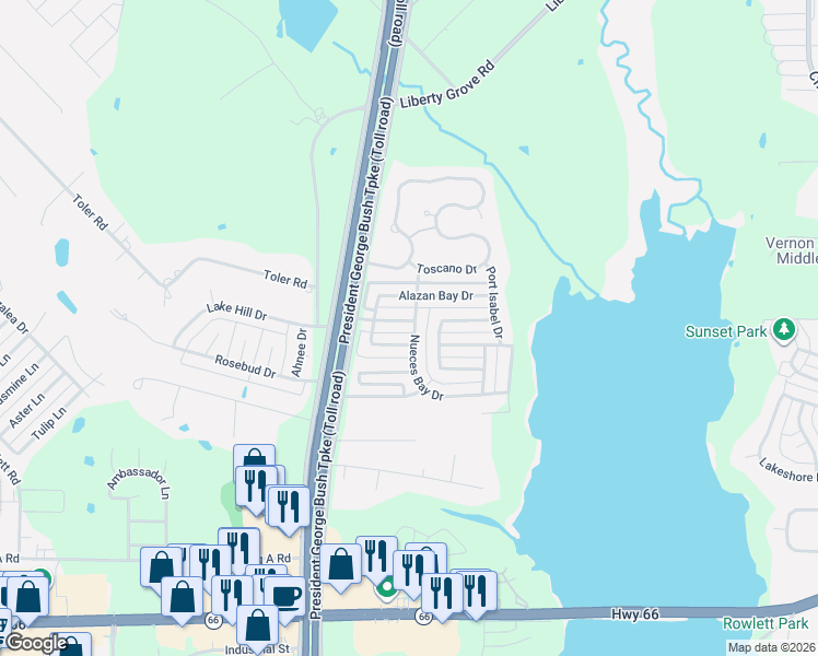 map of restaurants, bars, coffee shops, grocery stores, and more near 5214 Baffin Bay Dr in Rowlett