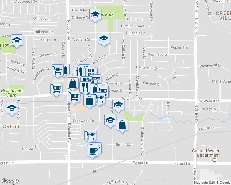 map of restaurants, bars, coffee shops, grocery stores, and more near 3206 Lakewood Drive in Garland