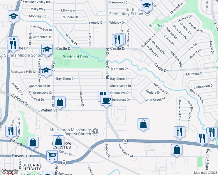 map of restaurants, bars, coffee shops, grocery stores, and more near 1402 Shorehaven Drive in Garland