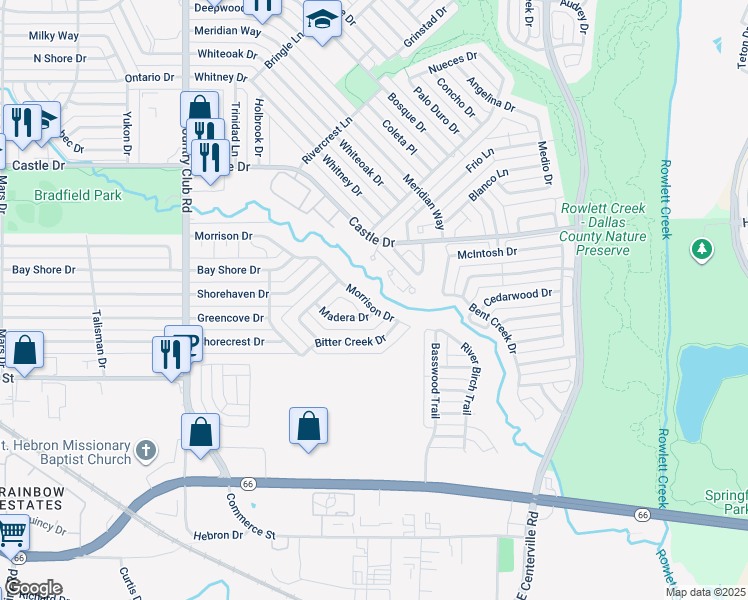 map of restaurants, bars, coffee shops, grocery stores, and more near 1641 Morrison Drive in Garland