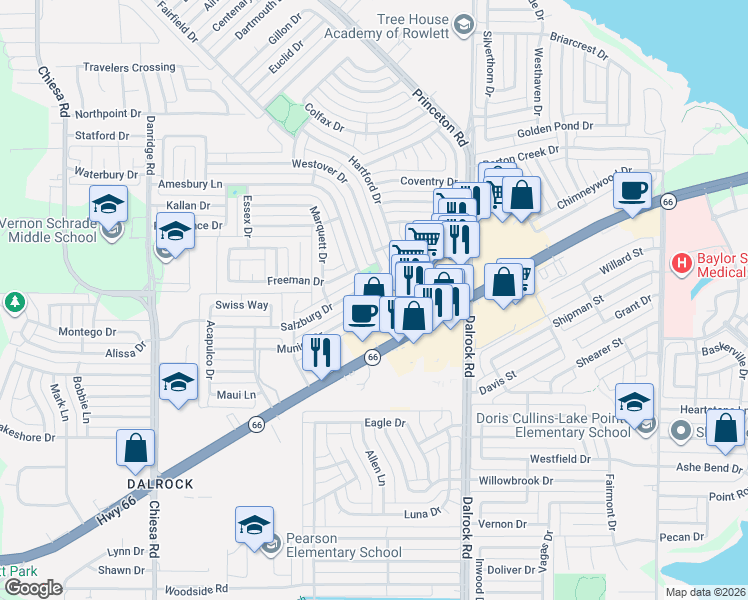 map of restaurants, bars, coffee shops, grocery stores, and more near 8301 Munich Dr in Rowlett