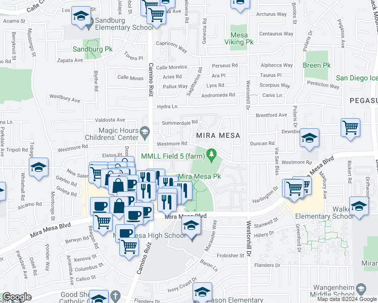 map of restaurants, bars, coffee shops, grocery stores, and more near 8461 Westmore Road in San Diego