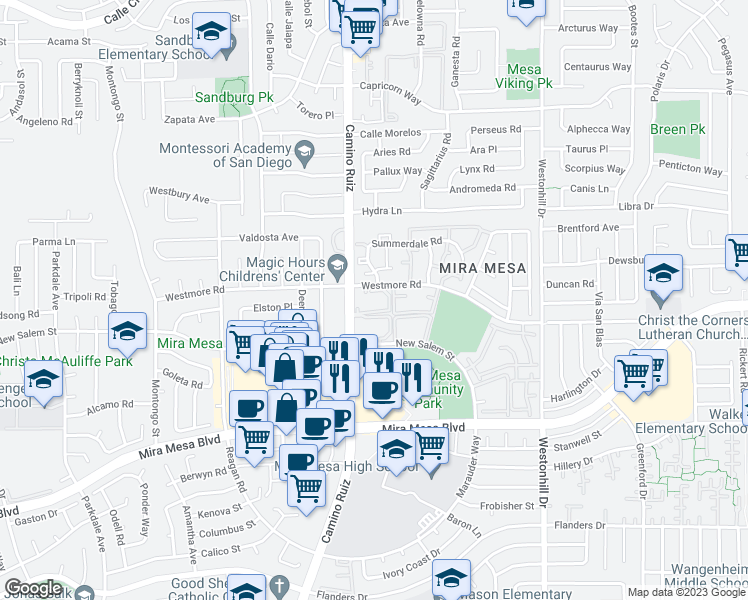 map of restaurants, bars, coffee shops, grocery stores, and more near 8395 Westmore Road in San Diego