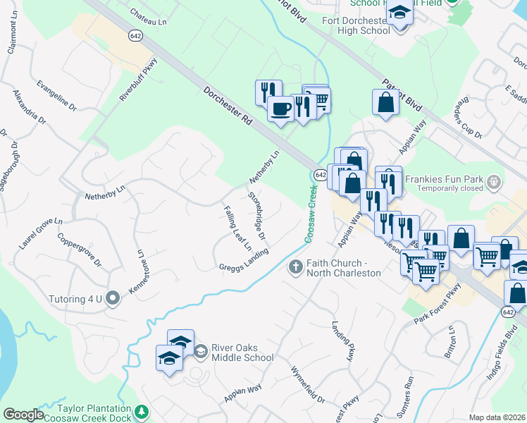 map of restaurants, bars, coffee shops, grocery stores, and more near 8509 Stonebridge Drive in Charleston