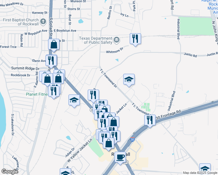 map of restaurants, bars, coffee shops, grocery stores, and more near T L Townsend Drive in Rockwall