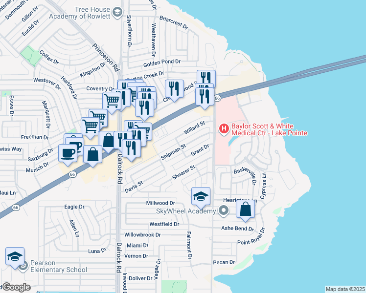 map of restaurants, bars, coffee shops, grocery stores, and more near 9232 Willard Street in Rowlett