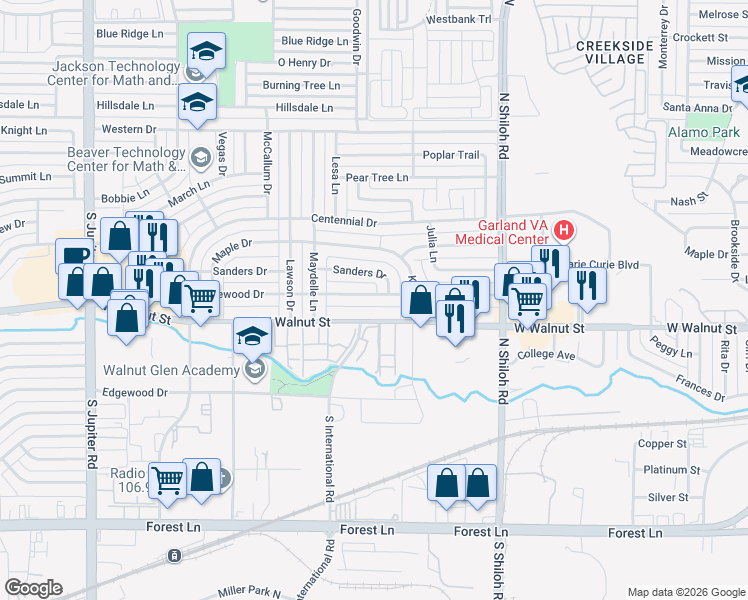 map of restaurants, bars, coffee shops, grocery stores, and more near 2806 Lakewood Drive in Garland