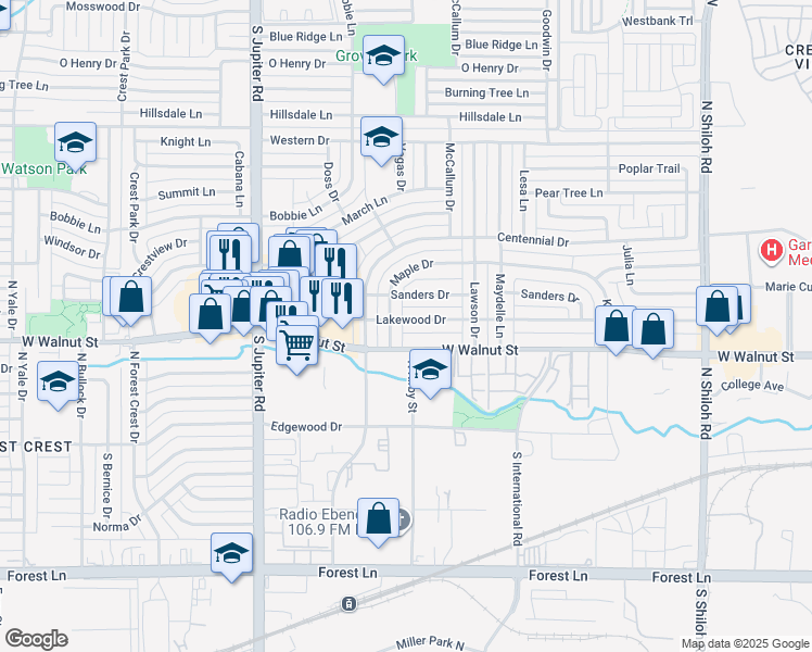 map of restaurants, bars, coffee shops, grocery stores, and more near 3206 Lakewood Drive in Garland