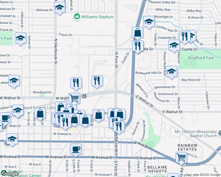 map of restaurants, bars, coffee shops, grocery stores, and more near 115 West Walnut Street in Garland