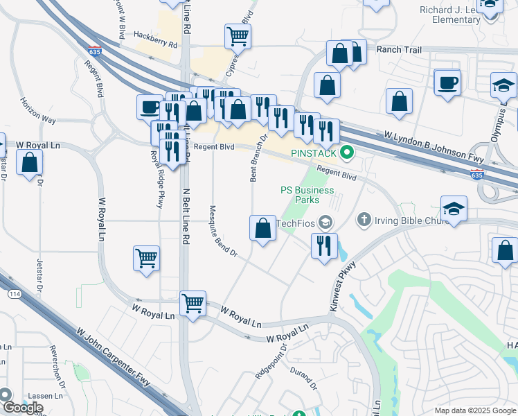 map of restaurants, bars, coffee shops, grocery stores, and more near 3021 West Bend Drive in Irving