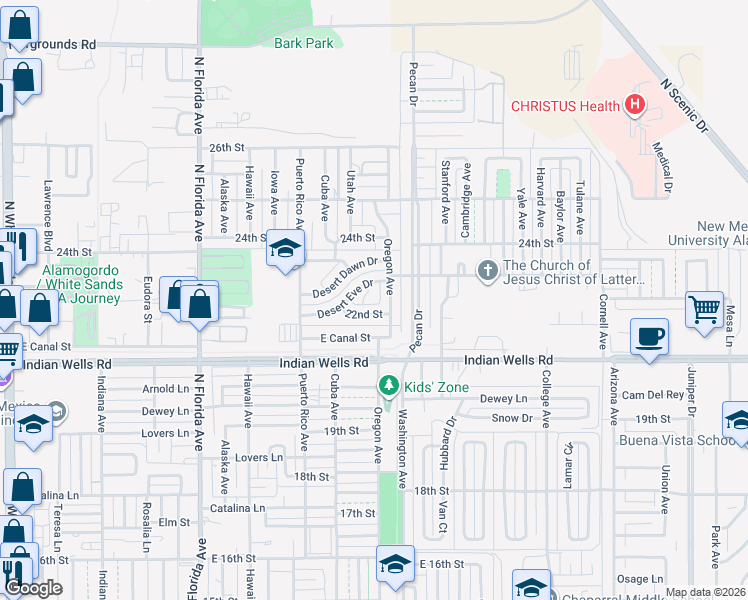 map of restaurants, bars, coffee shops, grocery stores, and more near 1314 Desert Eve Drive in Alamogordo