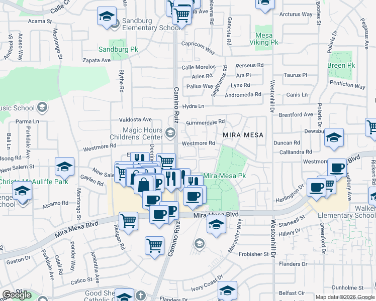 map of restaurants, bars, coffee shops, grocery stores, and more near 8395 Westmore Road in San Diego
