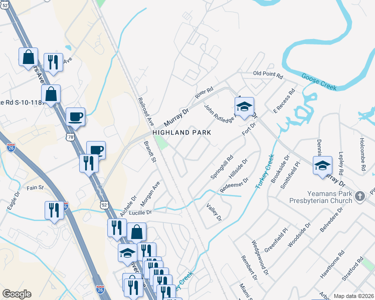 map of restaurants, bars, coffee shops, grocery stores, and more near 1214 Gibson Avenue in Hanahan