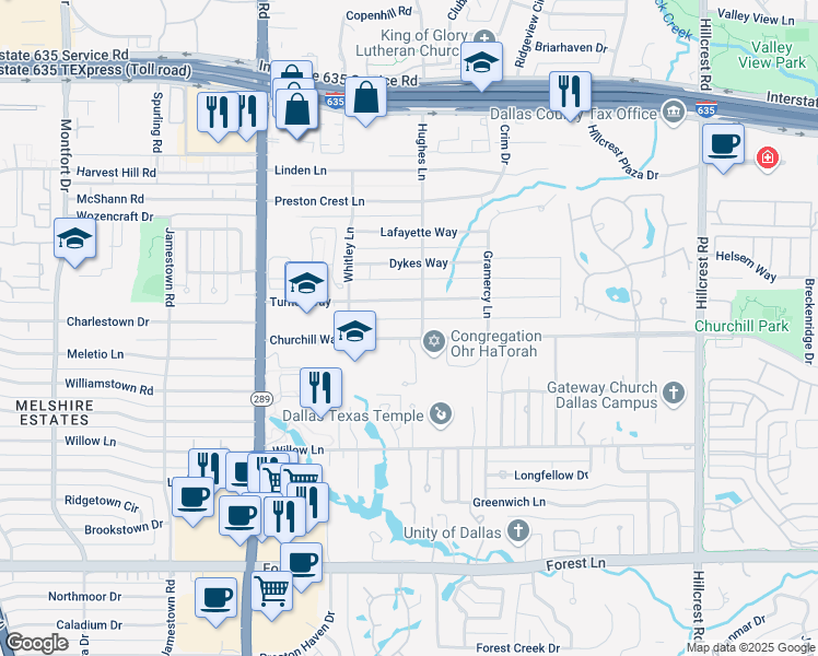 map of restaurants, bars, coffee shops, grocery stores, and more near 6243 Churchill Way in Dallas