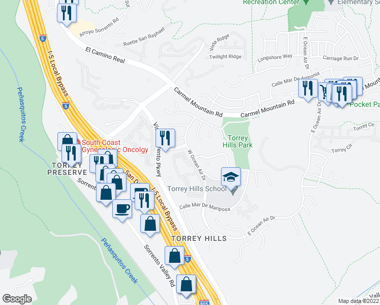 map of restaurants, bars, coffee shops, grocery stores, and more near 11072 W Ocean Air Dr in San Diego