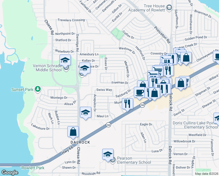 map of restaurants, bars, coffee shops, grocery stores, and more near 7801 Swiss Way in Rowlett