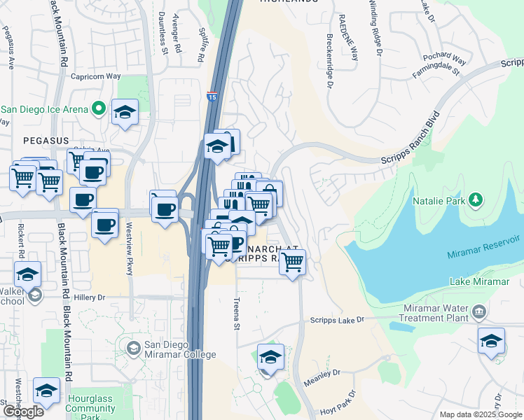 map of restaurants, bars, coffee shops, grocery stores, and more near 9920 Mira Mesa Boulevard in San Diego