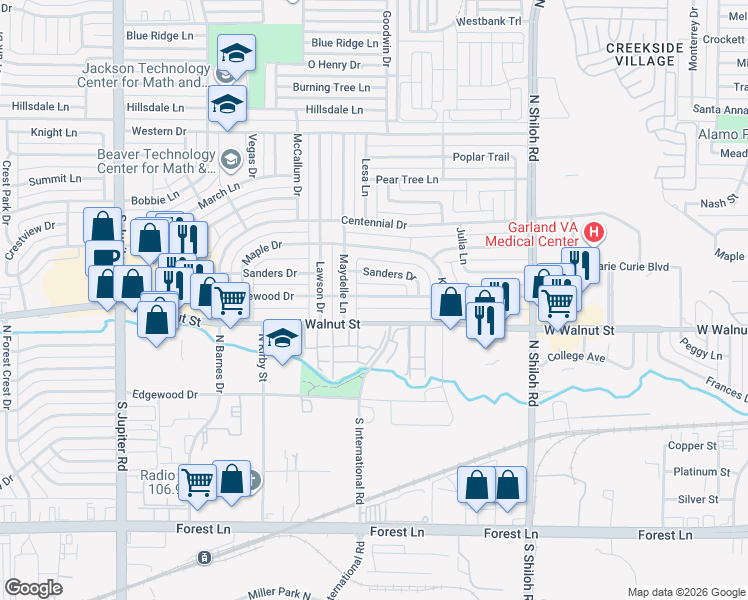 map of restaurants, bars, coffee shops, grocery stores, and more near 2908 Lakewood Drive in Garland