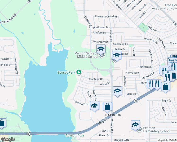 map of restaurants, bars, coffee shops, grocery stores, and more near 6905 Shorecrest Drive in Rowlett
