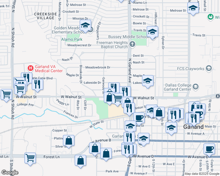map of restaurants, bars, coffee shops, grocery stores, and more near 1445 Lakewood Drive in Garland