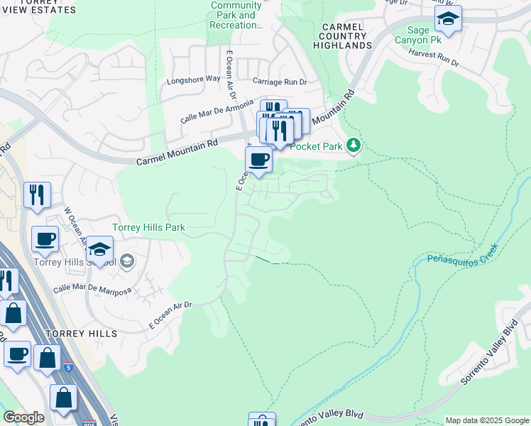 map of restaurants, bars, coffee shops, grocery stores, and more near 4631 Torrey Circle in San Diego
