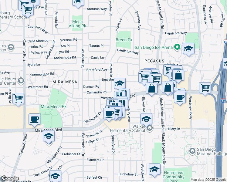 map of restaurants, bars, coffee shops, grocery stores, and more near 10907 Polaris Drive in San Diego