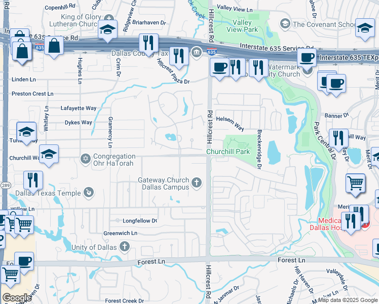 map of restaurants, bars, coffee shops, grocery stores, and more near 22 Cheltenham Way in Dallas