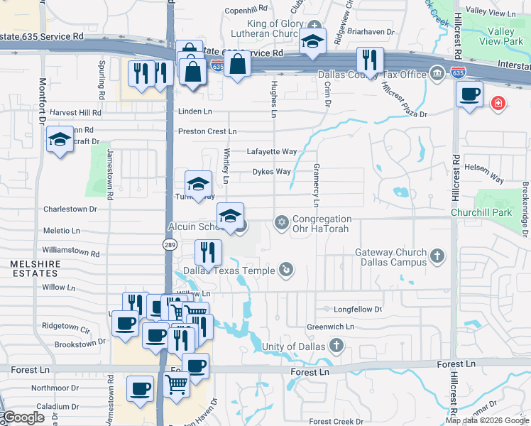map of restaurants, bars, coffee shops, grocery stores, and more near 6243 Churchill Way in Dallas