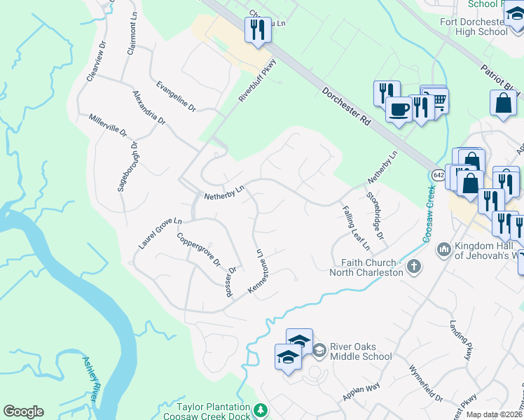 map of restaurants, bars, coffee shops, grocery stores, and more near 5401 Dwight Drive in Charleston