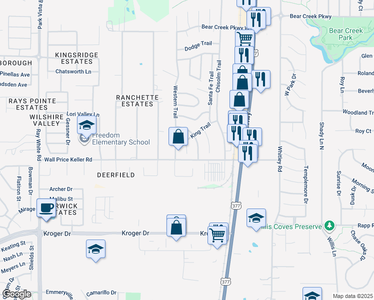 map of restaurants, bars, coffee shops, grocery stores, and more near 1021e Conchos Circle East in Keller