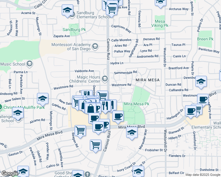 map of restaurants, bars, coffee shops, grocery stores, and more near 10855 Camino Ruiz in San Diego