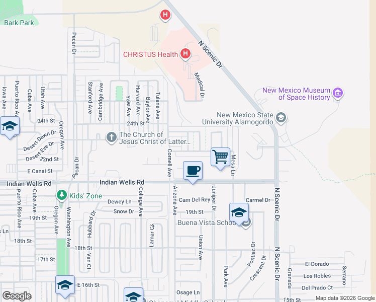 map of restaurants, bars, coffee shops, grocery stores, and more near 2401 Mesa Lane in Alamogordo