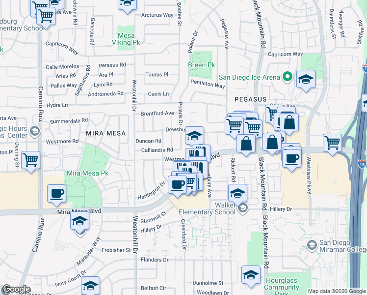 map of restaurants, bars, coffee shops, grocery stores, and more near 10907 Polaris Drive in San Diego