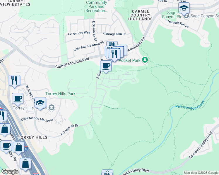 map of restaurants, bars, coffee shops, grocery stores, and more near 4635 Torrey Circle in San Diego