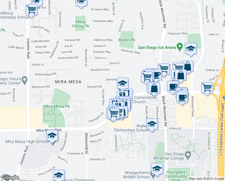 map of restaurants, bars, coffee shops, grocery stores, and more near 10910 Polaris Drive in San Diego