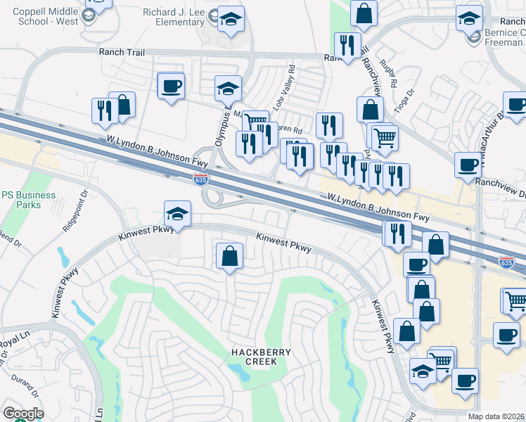 map of restaurants, bars, coffee shops, grocery stores, and more near 1912 Remington Drive in Irving