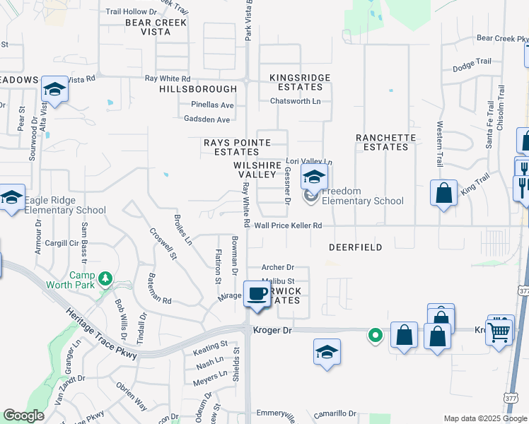 map of restaurants, bars, coffee shops, grocery stores, and more near 9900 Voss Avenue in Fort Worth