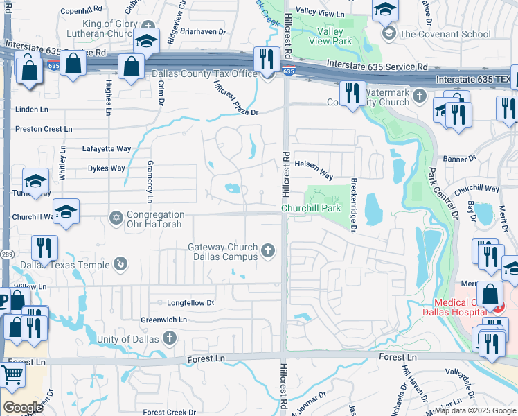 map of restaurants, bars, coffee shops, grocery stores, and more near 22 Cheltenham Way in Dallas