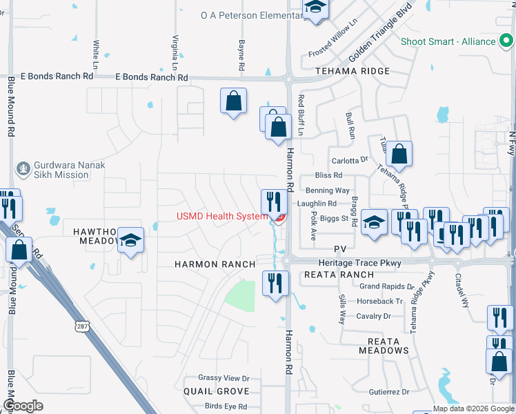 map of restaurants, bars, coffee shops, grocery stores, and more near 9812 Milkweed Lane in Fort Worth